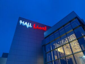 Halo illuminated brand identity outdoor entryway signage for The Hall At Live! Casino